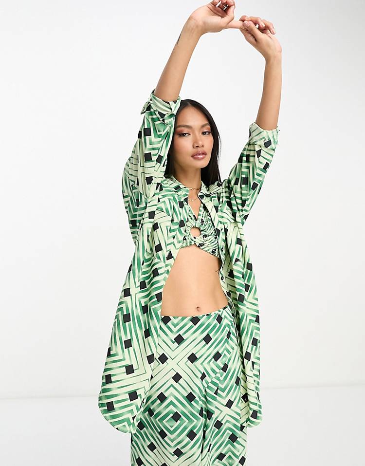 River Island geometric print beach set in light green